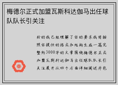 梅德尔正式加盟瓦斯科达伽马出任球队队长引关注